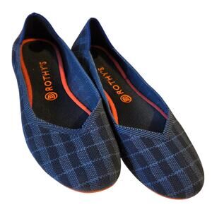 Rothy's Indigo Gingham Round Toe Flats Slip-on sz 11 Blue, navy, neon coral